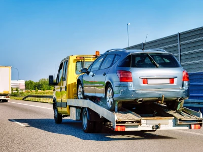 Une voiture sur une dépanneuse.