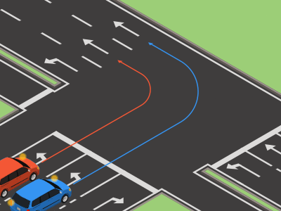Wanneer je links afslaat en er meerdere rijstroken zijn, volg je je rijstrook.