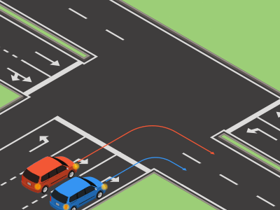 Wanneer je rechts afslaat en er meerdere rijstroken zijn, volg je je rijstrook.