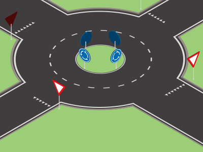 Een rotonde met meerdere rijstroken.