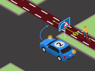 Verkeersbord dat de bestuurders die van richting veranderen wijzen op (brom)fietsers die dezelfde openbare weg volgen.