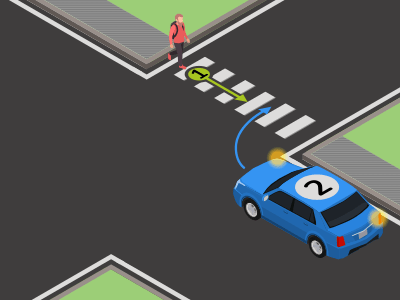 Als je van richting verandert moet je voorrang geven aan voetgangers die de rijbaan oversteken die jij wil volgen.