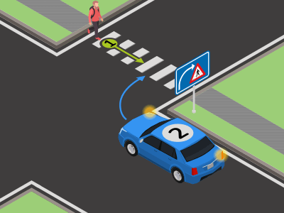 Verkeersbord dat de bestuurders die van richting veranderen wijzen op een oversteekplaats voor voetgangers.