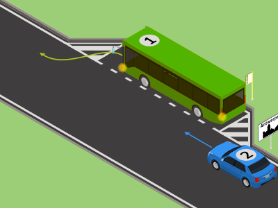 Binnen de bebouwde kom moet je een bus die met de richtingaanwijzer de halte wil verlaten, voorrang geven.